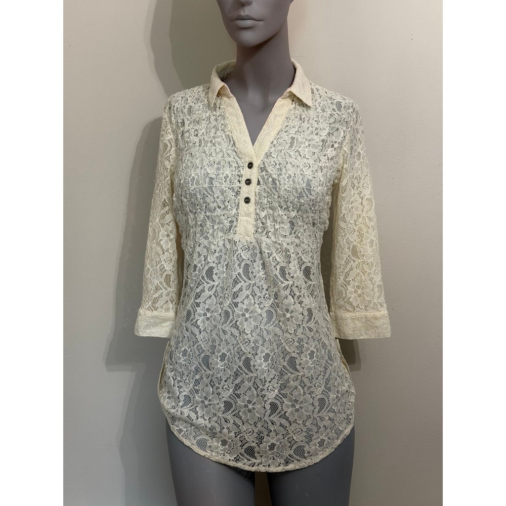 Cream Lace Collared V-Neck 3/4 Sleeve Top Tunic Size S